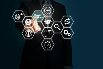 Maintenance and repair concept with icons, businessman touching symbols.