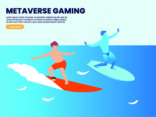 Metaverse vector concept. Young man wearing swimwear while surfing sports in the metaverse