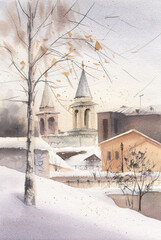 Old Moscow lane with a temple in winter. Urban landscape.
