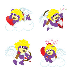 Mr.Purple bear is a cupid stickers set 2,Valentine's day set,take a nap,play a harp,bowman,hug