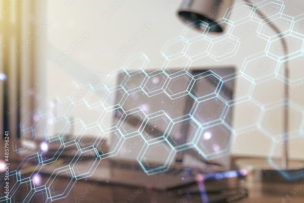 Poster creative concept of wireless technology with hexagon hologram on modern laptop background. big data 