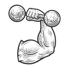 Strongman hand arm with dumbbell sketch engraving vector illustration. T-shirt apparel print design. Scratch board imitation. Black and white hand drawn image.