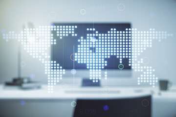 Abstract creative digital world map on modern computer background, globalization concept. Multiexposure