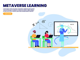 Obraz premium Metaverse vector concept. Two students using a VR goggles while learning mathematics in the metaverse with their teacher