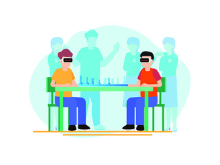 Metaverse game vector concept. Two young men wearing VR goggles while playing chess game in the metaverse