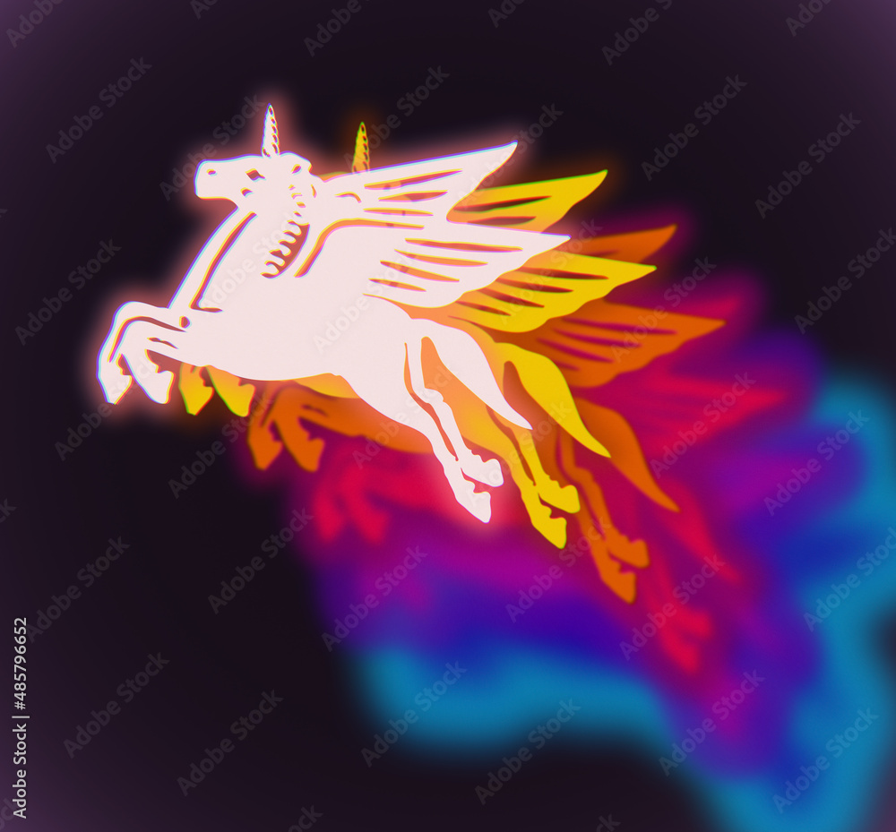 Aufkleber flying unicorn abstract concept colorful illustration in the 80s and 90s synthwave echoed colors sty
