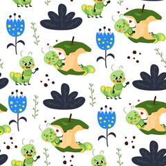 Vector seamless pattern with funny caterpillar for kids. Hungry caterpillar eats an apple, smiles. Flora and fauna. Summer or spring vector printable background.
