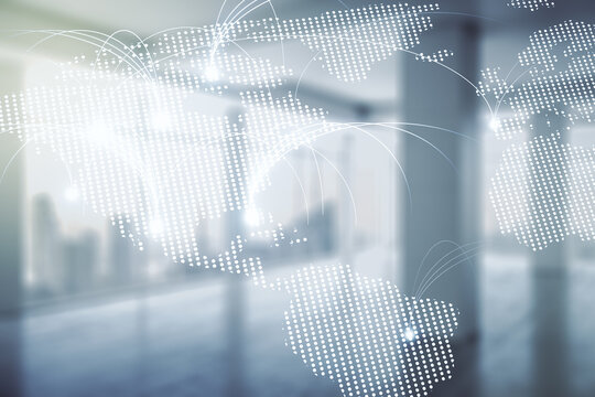 Double exposure of abstract digital world map hologram with connections on empty modern office background, research and strategy concept