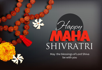 Greeting card with rudraksha (beads) and flowers (zendu, parijat) for Maha Shivratri, a Hindu festival celebrated of Lord Shiva. Vector illustration.