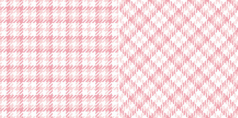 Tweed check plaid pattern in pastel pink and white for dress, jacket, coat, skirt. Seamless small light coral tartan check graphic illustration set for modern spring summer fashion fabric design.