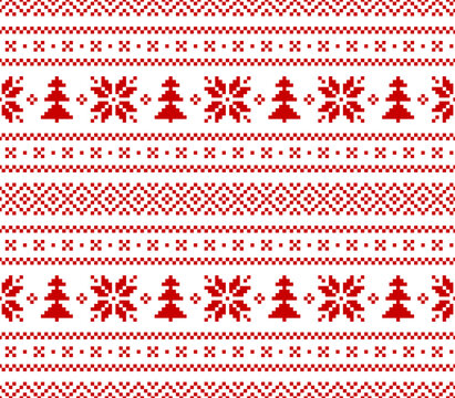 Christmas pattern in red and white with nordic pixel motif. Seamless fair isle border with snowflakes and Xmas trees for gift paper, ugly sweater, socks, mittens, hat, other winter fashion print.
