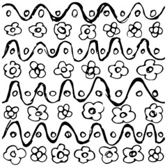 Rough floral geometric black and white pattern. Freehand cartoon vector sketch with flowers, circles and wavy lines, isolated on transparent background