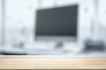Empty office wooden desktop with empty space on modern workplace with laptop background, close up, mockup