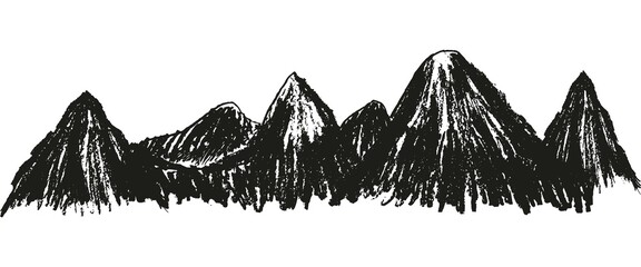 Rough, hand-drawn hatching mountain range doodle. Vector black and white sketch isolated on transparent background