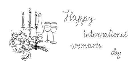 Happy international womans day continuous line drawing. One line art of english hand written lettering with flowers, champagne and candles, 8 march greeting card.