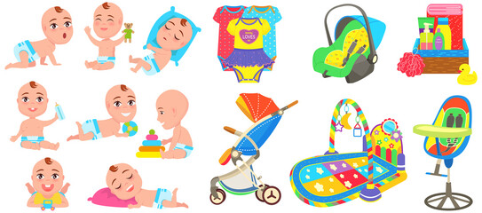Fototapeta premium Multinational children, kids playing, baby care objects, newborn items supplies, set of icons. Toys, clothes, devices for transporting, bathing of babies. Babies in diapers crawling, smiling