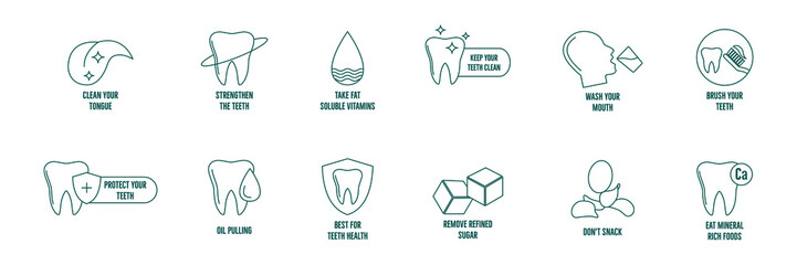 icon set Strengthen the teeth, clean your tongue, Take fat-soluble vitamins, keep your teeth clean, wash your mouth, brush your teeth, oil pulling, remove refined sugar, and eat minerals