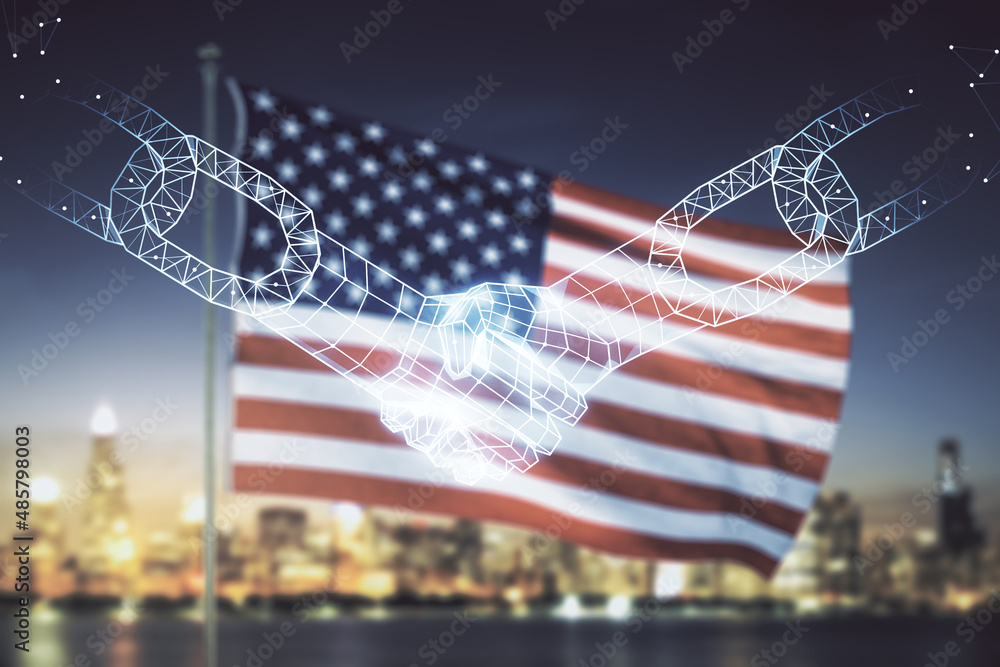 Aufkleber double exposure of abstract virtual blockchain technology hologram with handshake on usa flag and bl