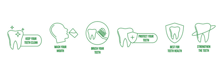 icon set of Keep your teeth clean, wash mouth, brush teeth, oil pulling, protect your teeth, strengthen your teeth, 