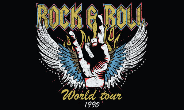Rock and roll graphic print design for t shirt, poster, sticker and others. Music world tour vector artwork.