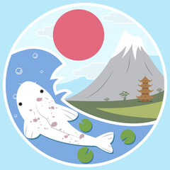 fish sea wave japan mountain sun clouds pagoda tree sakura landscape asia travel carp