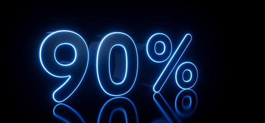 Modern Black 90% Percent Sign With Futuristic Blue Glowing Neon Lights Isolated On The Black Background - 3D Illustration	
