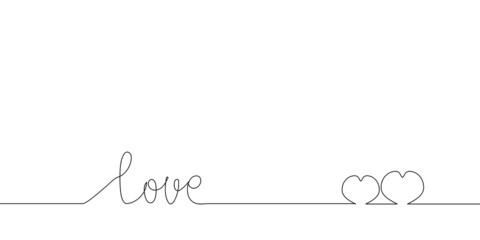 Love handwritten continuous line drawing. One line art of english hand written lettering with hearts, phrase on line greeting card.