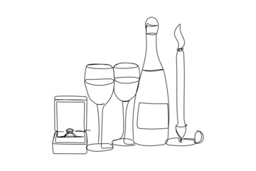 Candelabrum with candle, champagne and glasses with engaged ring continuous line drawing. One line art of romantic, 14 february, heart, relationships, gift, love, wine, brilliant.