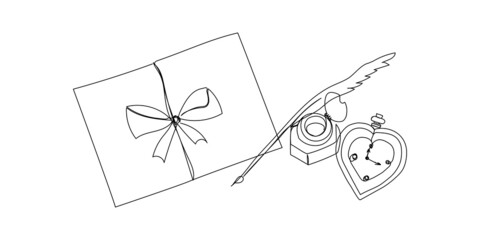 Letter with inkwell, feather and pocket watch continuous line drawing. One line art of letter, bow, romantic, 14 february, heart, relationships, envelope.