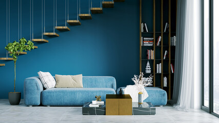 Modern beautiful interior of the room with light walls, large windows and stylish furniture. Bright design in Scandinavian style. 3D rendering
