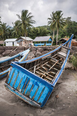 Traditionally shaped fishing boat in disrepair, Pulau Weh Island, Aceh Province, Sumatra, Indonesia, Asia