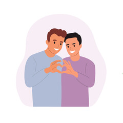 Two hands making heart sign. Valentines day. Happy homosexual men couples. Vector flat style cartoon illustration