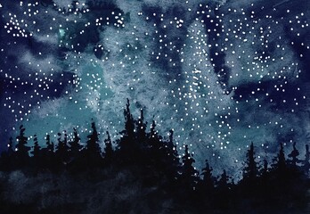 Outline of trees against the background of the starry sky Illustration in watercolor