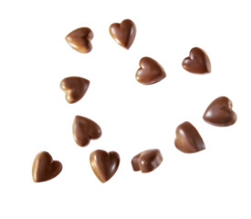 heart shaped chocolate sweets making heart isolated over white background, st valentine's day, love or birthday greeting banner, copy space for text