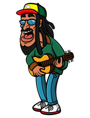 Dreadlocks men wearing trucker cap with rastafarian flag colors, singing and playing reggae music with guitars, best for mascot, logo, and sticker with reggae music themes