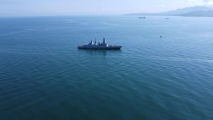 Aerial view of Royal Navy warship in the Black Sea. British warship drone view in the Georgian Black Sea port.
