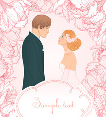 Pink wedding background with couple and flowers, vector illustration