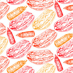 Vector seamless vintage hot dog pattern. Hand drawn orange and yellow fast food illustration. Great for menu or background.
