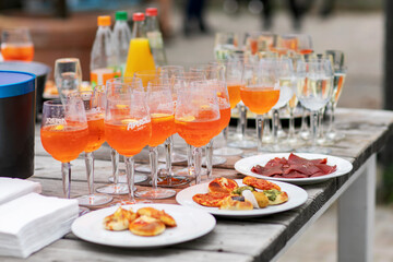 Apperol spritz cocktail in misted glass, selective focus