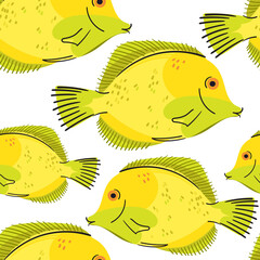 Baby seamless vector pattern. Cute fishes on white background. Creative scandinavian kids texture for fabric, textile, wallpaper, apparel. Vector illustration of yellow tang. Under the sea