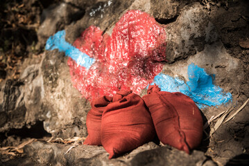 Sandbags placed on Mount Zwegabin for good luck, Hpa An, Kayin State (Karen State), Myanmar (Burma)