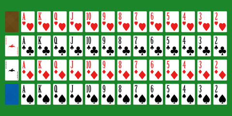 Full deck of poker playing cards on a green background