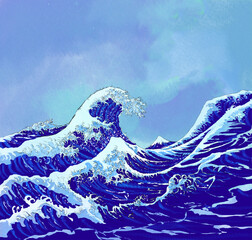 japanese sea waves with blue sky