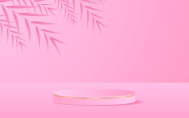 Abstract background scene with leaves hanging down. Pink plinth with golden lines for product presentation. Cosmetic product display. vector illustration
