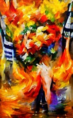 Wall fine art paining in oil mixed style, stock, contemporary impressionism artwork for sale, vibrant abstract art, colorful brush strokes, print for decoration canvas, case, paper, poster, card 