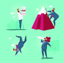 Set of Business Man character design. Vector illustration, isolated on blue background.