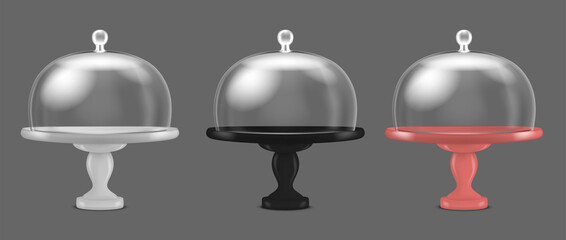 Realistic Detailed 3d Glass Cake Stand with Dome Lid Set. Vector illustration of Tray with Transparent Cover