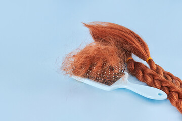 Red hair loss problem with hairbrush and  pigtails plait on blue background.  Beauty, dermatology and health care concept