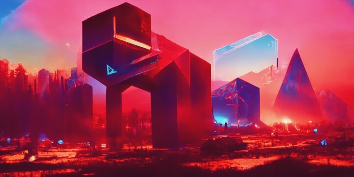 Retro futuristic abstract cityscape in pink and violet colors. Creative concept. Future city. Cyberpunk wallpaper. 3D illustration.