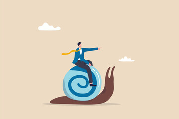 Slow growth, inefficient or stupid mistake, businessman idiot leader riding slow snail never reach goal, losing business competition. - obrazy, fototapety, plakaty